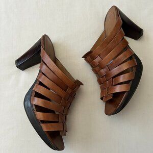 Franco Sarto Light Brown Woven Strappy Slides 3 1/2"Heel Leather Upper 6 1/2 M